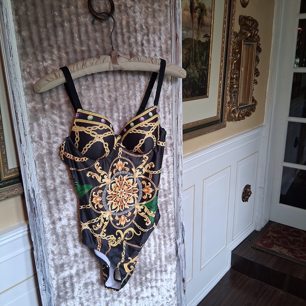 Chic Black and Gold Women's One Piece Swimsuit